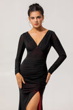 Black Red V Neck Ruched Sheath Long Sleeves Long Bridesmaid Dress with Slit