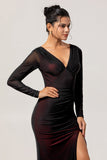 Black Red V Neck Ruched Sheath Long Sleeves Long Bridesmaid Dress with Slit