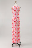 Pink Floral Sheath Boat Neck Print Long Bridesmaid Dress