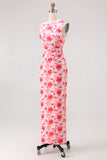 Pink Floral Sheath Boat Neck Print Long Bridesmaid Dress