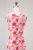 Pink Floral Sheath Boat Neck Print Long Bridesmaid Dress