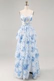 White Blue Flower Corset A Line Printed Long Bridesmaid Dress with Slit