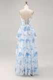 White Blue Flower Corset A Line Printed Long Bridesmaid Dress with Slit