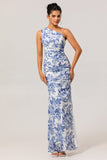 One Shoulder Sheath White Blue Flower Printed Long Bridesmaid Dress with Slit