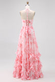 Sparkly Blush Floral Beaded Long Bridesmaid Dress with Slit