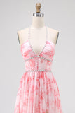 Sparkly Blush Floral Beaded Long Bridesmaid Dress with Slit