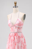 Sparkly Blush Floral Beaded Long Bridesmaid Dress with Slit