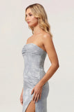 Dusty Blue Print Strapless Sheath Ruched Midi Dress with Slit