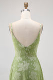 Sage Green Floral A Line Long Bridesmaid Dress with Slit