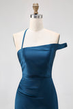 Ink Blue Sheath One Shoulder Satin Long Bridesmaid Dress