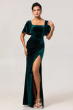 Peacock Green Velvet Sheath Short Sleeves Bridesmaid Dress