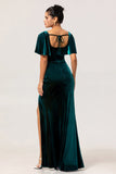 Peacock Green Velvet Sheath Short Sleeves Bridesmaid Dress