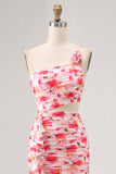 Red Floral Sheath Cut Out One Shoulder Printed Long Bridesmaid Dress