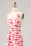 Red Floral Sheath Cut Out One Shoulder Printed Long Bridesmaid Dress
