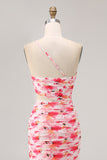 Red Floral Sheath Cut Out One Shoulder Printed Long Bridesmaid Dress