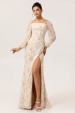 Yellow Floral Corset Sheath Long Bridesmaid Dress with Long Sleeves
