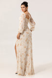 Yellow Floral Corset Sheath Long Bridesmaid Dress with Long Sleeves