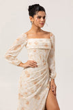 Yellow Floral Corset Sheath Long Bridesmaid Dress with Long Sleeves