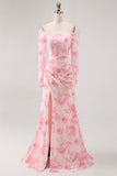 Pink Flower Mermaid Off The Shoulder Long Sleeves Bridesmaid Dress with Slit
