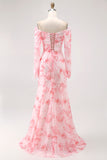 Pink Flower Mermaid Off The Shoulder Long Sleeves Bridesmaid Dress with Slit