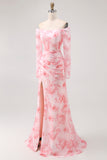 Pink Flower Mermaid Off The Shoulder Long Sleeves Bridesmaid Dress with Slit