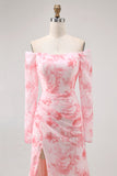 Pink Flower Mermaid Off The Shoulder Long Sleeves Bridesmaid Dress with Slit