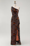Black Floral One Shoulder Sheath Long Bridesmaid Dress