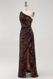 Black Floral One Shoulder Sheath Long Bridesmaid Dress
