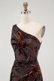 Black Floral One Shoulder Sheath Long Bridesmaid Dress