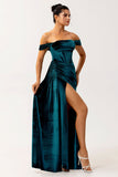 Off The Shoulder Peacock Green Velvet Sheath Bridesmaid Dress with Sash