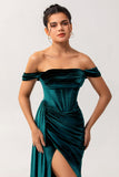 Off The Shoulder Peacock Green Velvet Sheath Bridesmaid Dress with Sash