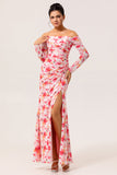 Pink Floral Sheath Off The Shoulder Long Wedding Guest Dress