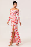 Pink Floral Sheath Off The Shoulder Long Wedding Guest Dress