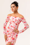 Pink Floral Sheath Off The Shoulder Long Wedding Guest Dress