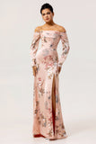 Off The Shoulder Blush Floral Sheath Long Wedding Guest Dress with Slit
