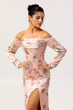 Off The Shoulder Blush Floral Sheath Long Wedding Guest Dress with Slit