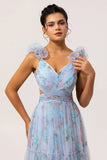 Blue A Line Cut Out Floral Long Bridesmaid Dress
