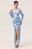 One Shoulder Sheath Blue Flower Long Sleeves Bridesmaid Dress with Slit