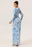 One Shoulder Sheath Blue Flower Long Sleeves Bridesmaid Dress with Slit