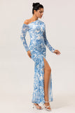 One Shoulder Sheath Blue Flower Long Sleeves Bridesmaid Dress with Slit