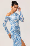 One Shoulder Sheath Blue Flower Long Sleeves Bridesmaid Dress with Slit