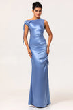 One Shoulder Blue Satin Sheath Bridesmaid Dress with Slit