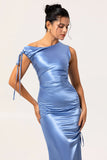 One Shoulder Blue Satin Sheath Bridesmaid Dress with Slit
