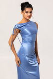 One Shoulder Blue Satin Sheath Bridesmaid Dress with Slit