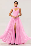 Fuchsia A Line Convertible Chiffon Long Bridesmaid Dress with Slit