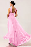 Fuchsia A Line Convertible Chiffon Long Bridesmaid Dress with Slit