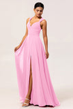 Fuchsia A Line Convertible Chiffon Long Bridesmaid Dress with Slit