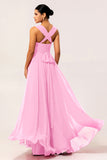 Fuchsia A Line Convertible Chiffon Long Bridesmaid Dress with Slit