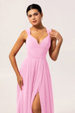 Fuchsia A Line Convertible Chiffon Long Bridesmaid Dress with Slit