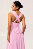 Fuchsia A Line Convertible Chiffon Long Bridesmaid Dress with Slit